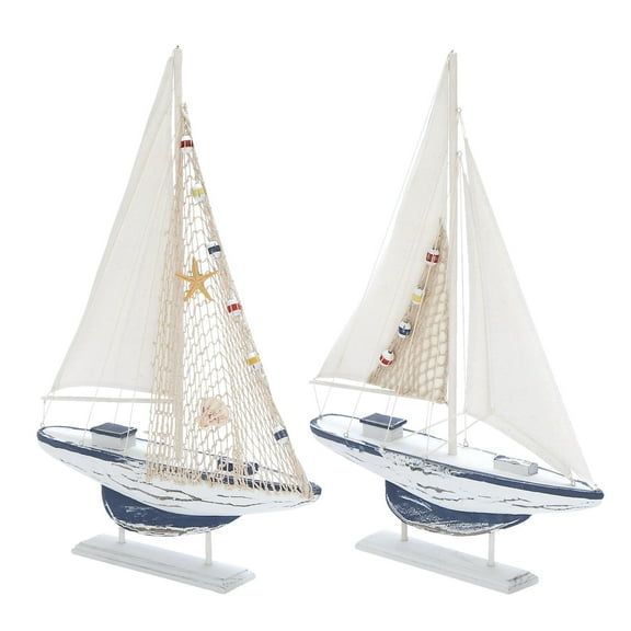 DecMode White Wood Sail Boat Handmade Decorative Sculpture, 2 Set of 25"H, 17"W