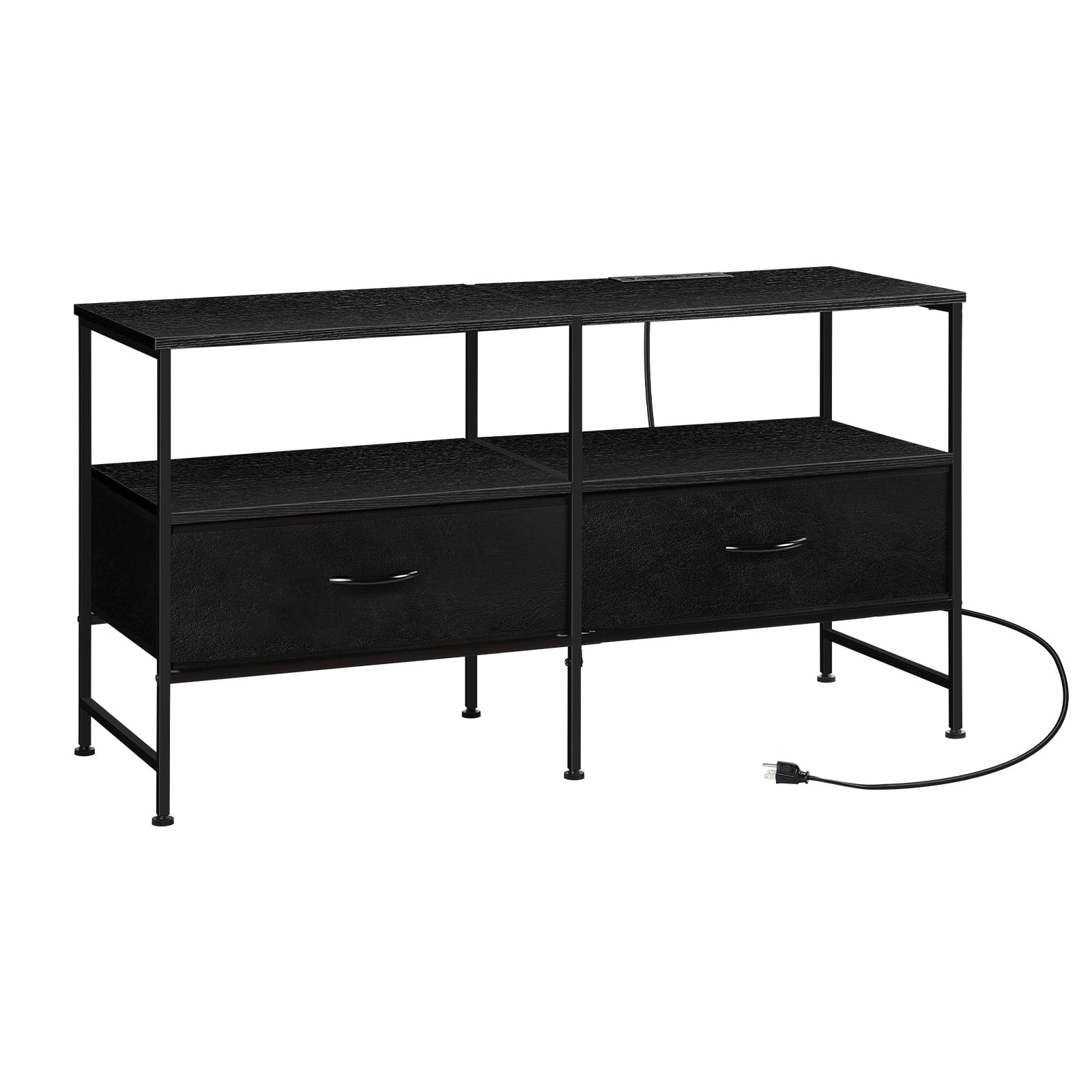 Oumilen 25 inch Raised Industrial TV Stand for Living Room Bedroom Small Spaces with Fabric Drawers and Charging Stake Easy Assembly Black