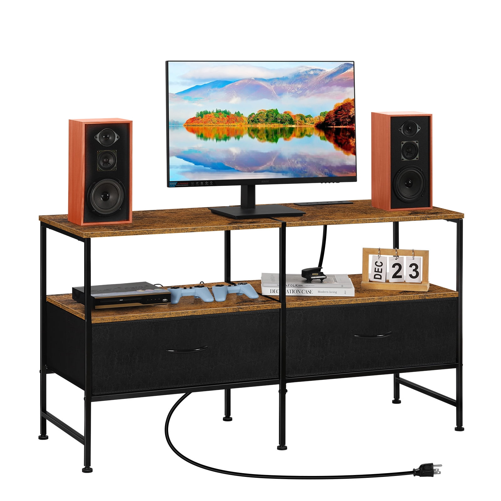 25"H Raised TV Stand Industrial TV Stand with Fabric for Living Room, Bedroom with Charging Stake Brown