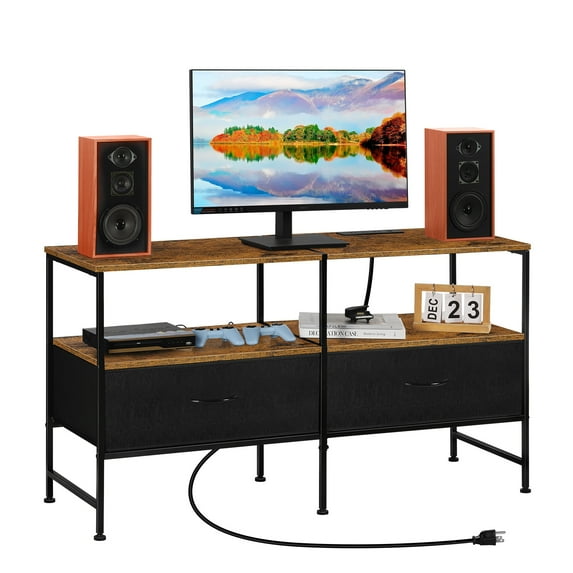 25"H Raised TV Stand Industrial TV Stand with Fabric for Living Room, Bedroom with Charging Stake Brown