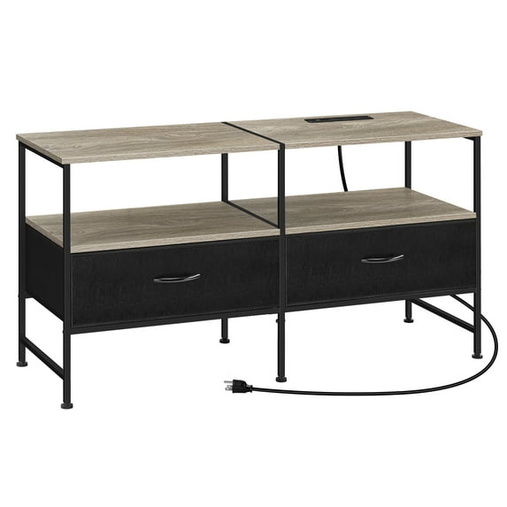 25"H Raised TV Stand Industrial TV Stand with Fabric for Living Room, Bedroom with Charging Stake Gray