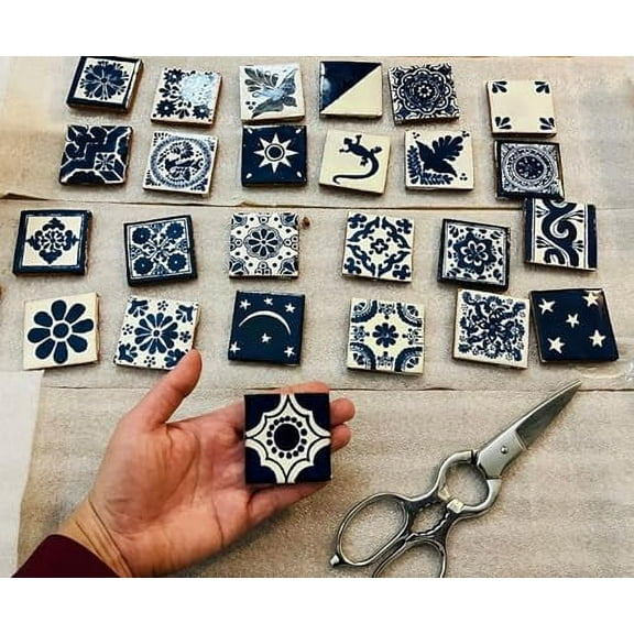 25 Hand Painted Decorative Talavera Mexican Tiles 2"x2" White and Blue