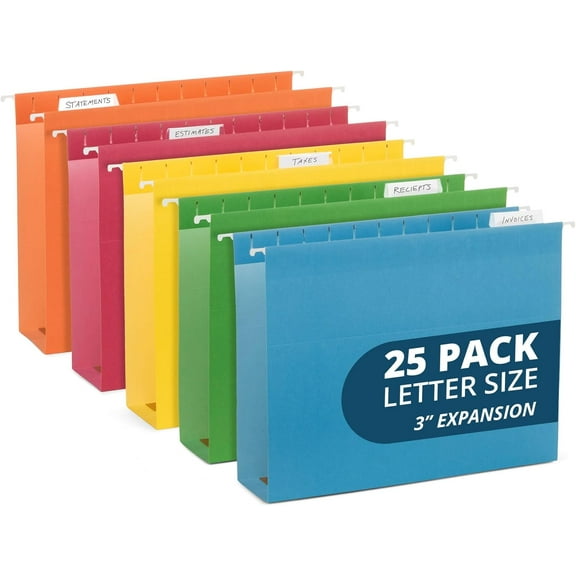 25 Hanging File Folders 3 inch Expansion, Letter Size, Assorted Colors, 3 inch Hanging File Folders, 11PT Paper, Expandable Hanging File Folders Letter Size 3 inch, 25 Pack