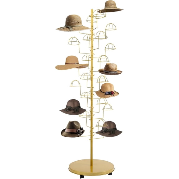 Metal Hat Rack | Hats Display Stand with 25 Circular Hooks | Retail Free-Standing H-ats Wigs Rack | Large hats Organizer Cap Hanger | 4 Universal Wheels | with Round Base (Golden)