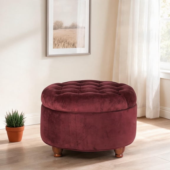 25-Inch 1-Seat Round Tufted Storage Ottoman, Velvet Upholstered Warm Red