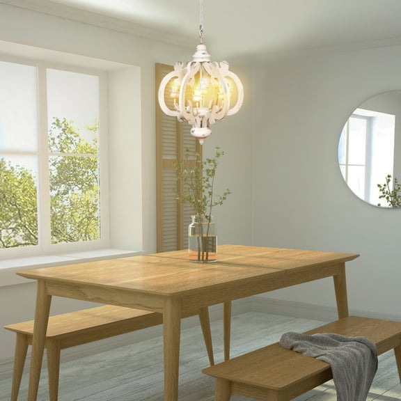 25 Inch 6 Light Vintage Crown Chandelier Cottage Chic Distressed White Mango Wood - Saltoro Sherpi