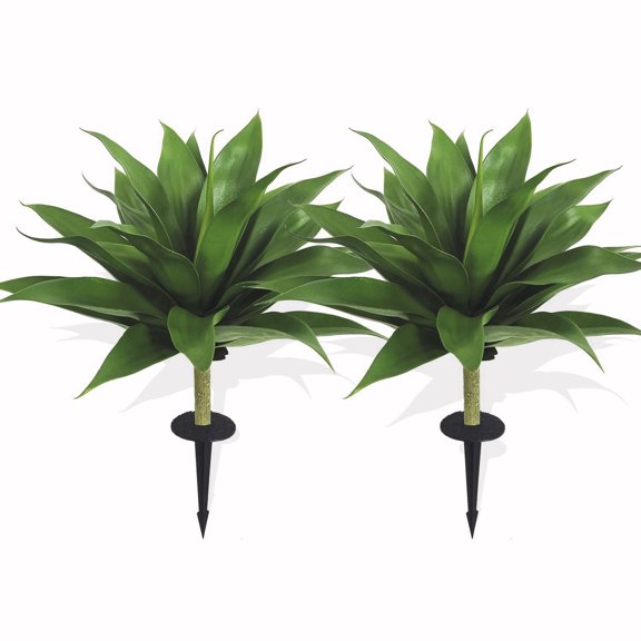 Qunli Bright Green Artificial Agave Plants with Ground Spike, 2 Pack UV Resistant Faux Succulent for Outdoor Garden Yard Patio Decor