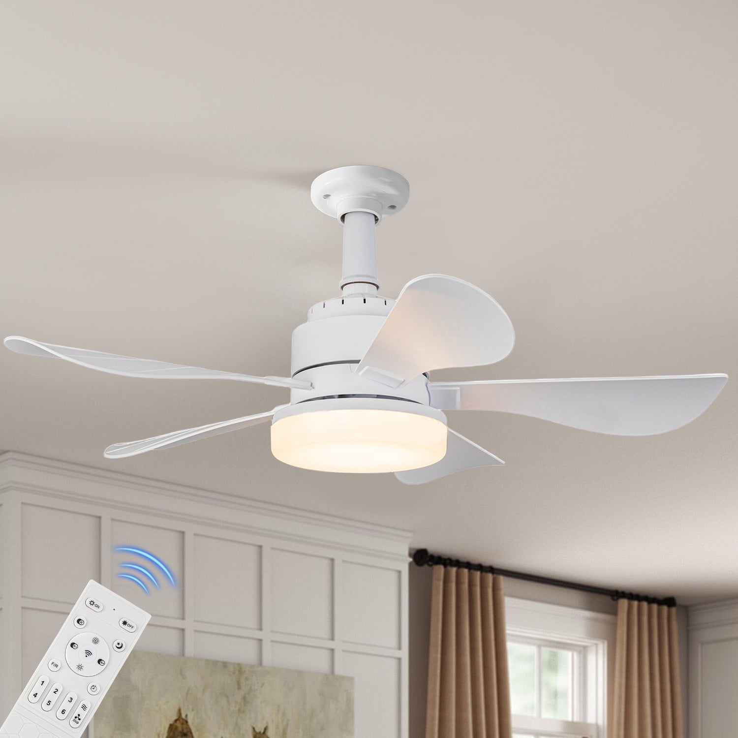 25 Inch Ceiling Fans with Lights and Remote, White Quiet Socket Fans with 5 Blades, LED Dimmable, 6 Speed Low Profile Small Ceiling Fan with Light for Bedroom, Kitchen, Living Room, Indoor