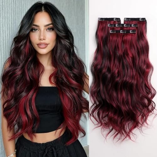 25 Inch Clip in Hair Extensions for Women Long Wavy Synthetic Hair Extension 4 count Thick Hairpieces  Clip  Extensions Invisible Clips Ins for Thin Hairs Black with Burgundy Highlights