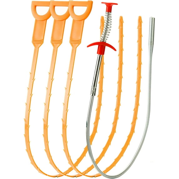 25 Inch Drain Clog Remover (3pcs), 23 Inch Drain Hair Catcher Cleaning Tool (1pc), Flexible Plumbing Snake, Drain Auger Cleaner Tool for Bathroom Shower, Kitchen Sink, Bath Tub, Sewer, Toilet