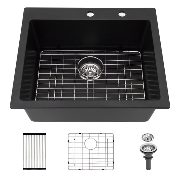 25 Inch Drop-In Topmount Single Bowl Granite Quartz Composite Kitchen Sink, Black, Heat Resistant Scratch Resistant Easy to Clean Non-Porous Sink with Bottom Grid, Drain Strainer