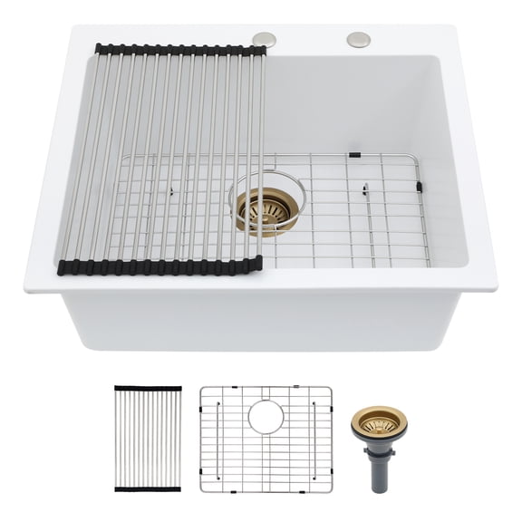 25 Inch Drop-In Topmount Single Bowl Granite Quartz Composite Kitchen Sink,White, Heat Resistant Scratch Resistant Easy to Clean Non-Porous Sink with Bottom Grid, Drain Strainer