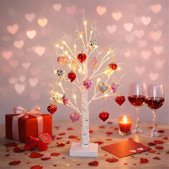 25 Inch Heart-Shaped Birch Tree Lamp, DIY Artificial Twig LED Night Light with Hanging Hearts, Romantic Valentine's Day Centerpiece for Wedding Bedroom