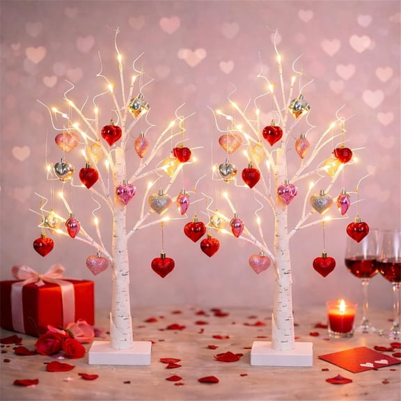 25 Inch Heart-Shaped Birch Tree Lamp, DIY Artificial Twig LED Night Light with Hanging Hearts, Romantic Valentine's Day Centerpiece for Wedding Bedroom
