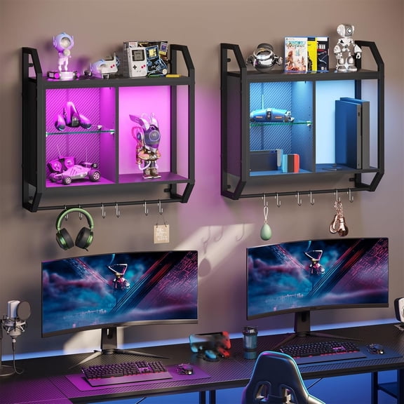 25 Inch LED Gaming Floating Shelves with Glass Panels, Wall Mounted Display Rack with 6 S-Hooks and USB Port, Industrial Style Bookshelf for Bedroom Bathroom