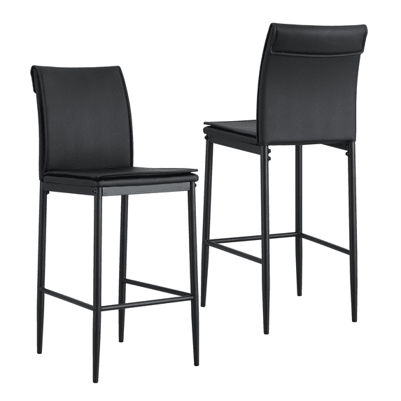 25 Inch Leather Counter Height Chair, Dining Chair with Black Metal Legs, Simple Bar Stool Upholstered Dining Chairs, Accent Desk Chair Dining Room, Kitchen, Vanity, Living Room(Black,Set of 2)