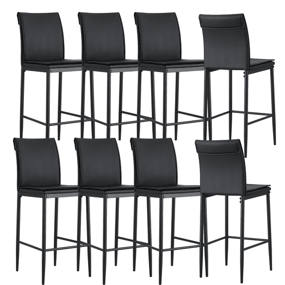 25 Inch Leather Counter Height Chair, Dining Chair with Black Metal Legs, Simple Bar Stool Upholstered Dining Chairs, Accent Desk Chair Dining Room, Kitchen, Vanity, Living Room(Black,Set of 8)