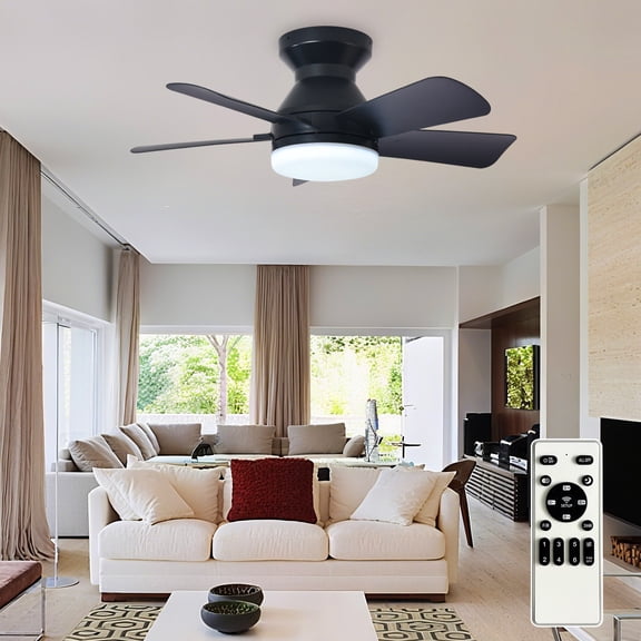 25-Inch Low Profile Ceiling Fan with Light - Dimmable LED, 6-Speed and 3 CCT, Quiet DC Motor, Remote Control, 5 Black Blades for Indoor/Outdoor