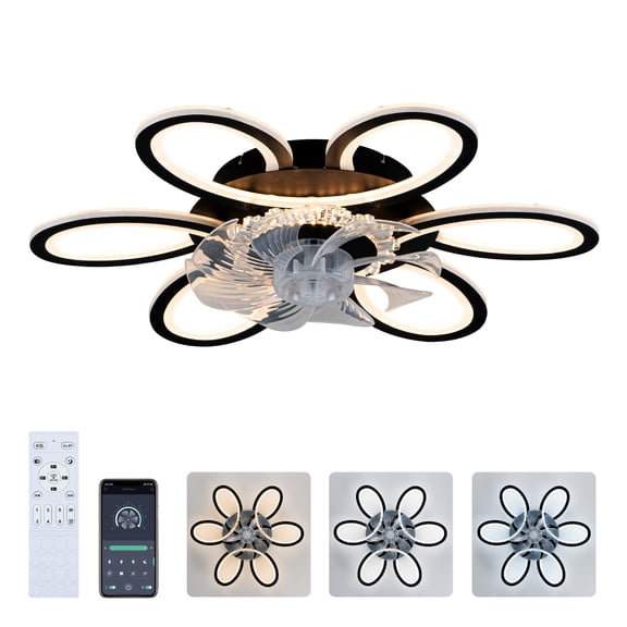 25 Inch Low Profile Flush Mount Ceiling Fan with Light & Remote, 5 ABS Blades, 6-Speed, 3-Color LED, Quiet DC Motor, for Kitchen, Bedroom, Black