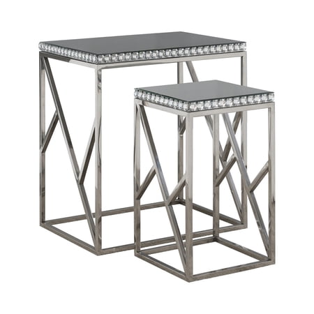25 Inch Modern Nesting Side Tables, Glass, Gemstones, Metal, Set of 2, Gray - Saltoro Sherpi
