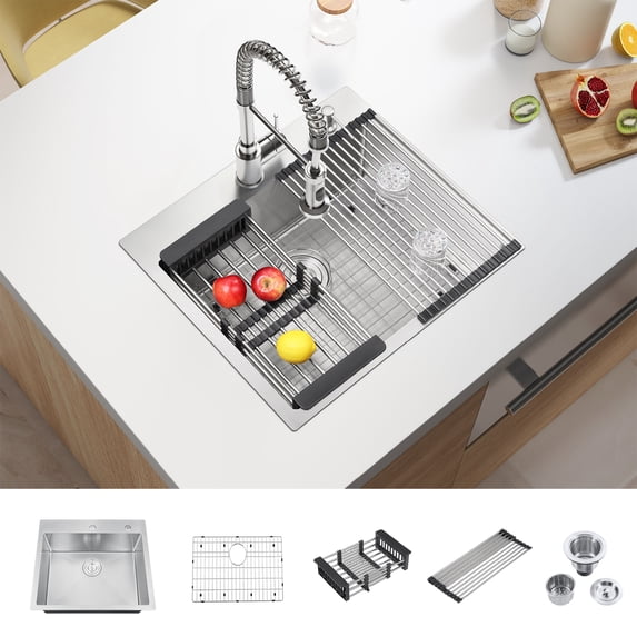 25-Inch Nano-Coated Drop-in 304 Stainless Steel Kitchen Sink Single Bowl with Colander, Drying Rack and Strainer