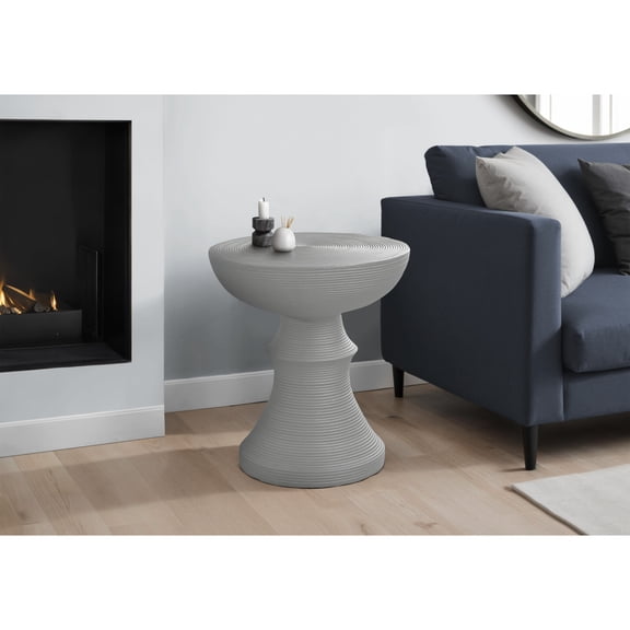 25 Inch Round Ribbed MGO Side End Table, Grey Bowl Top Contemporary Indoor Outdoor Accent Table, 30 LBS Load Capacity