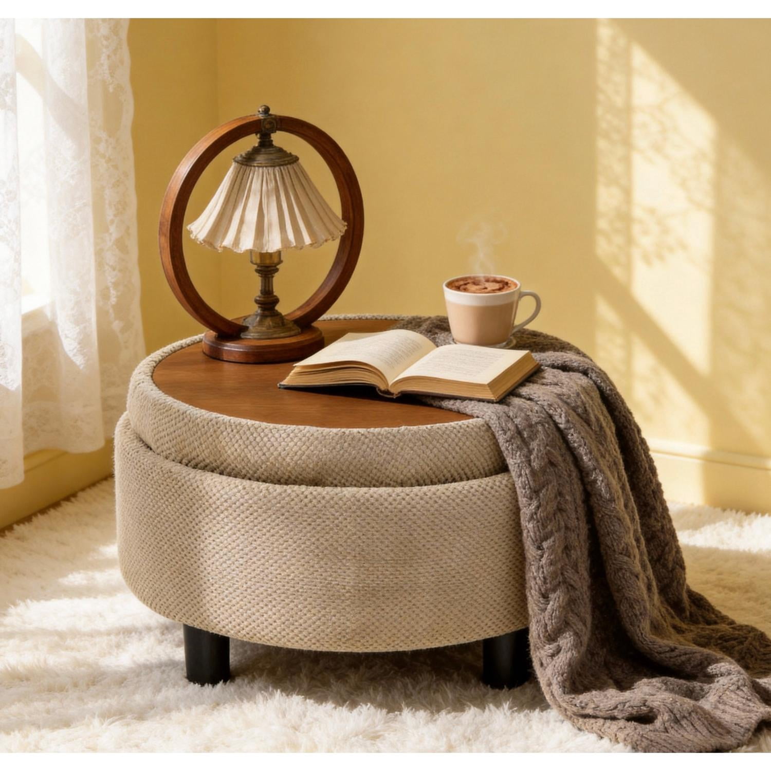 25 Inch Round Storage Ottoman with Removable Wooden Tray, Tufted Fabric Coffee Table with Hidden Storage, Upholstered Footstool for Living Room, Bedroom, Camel