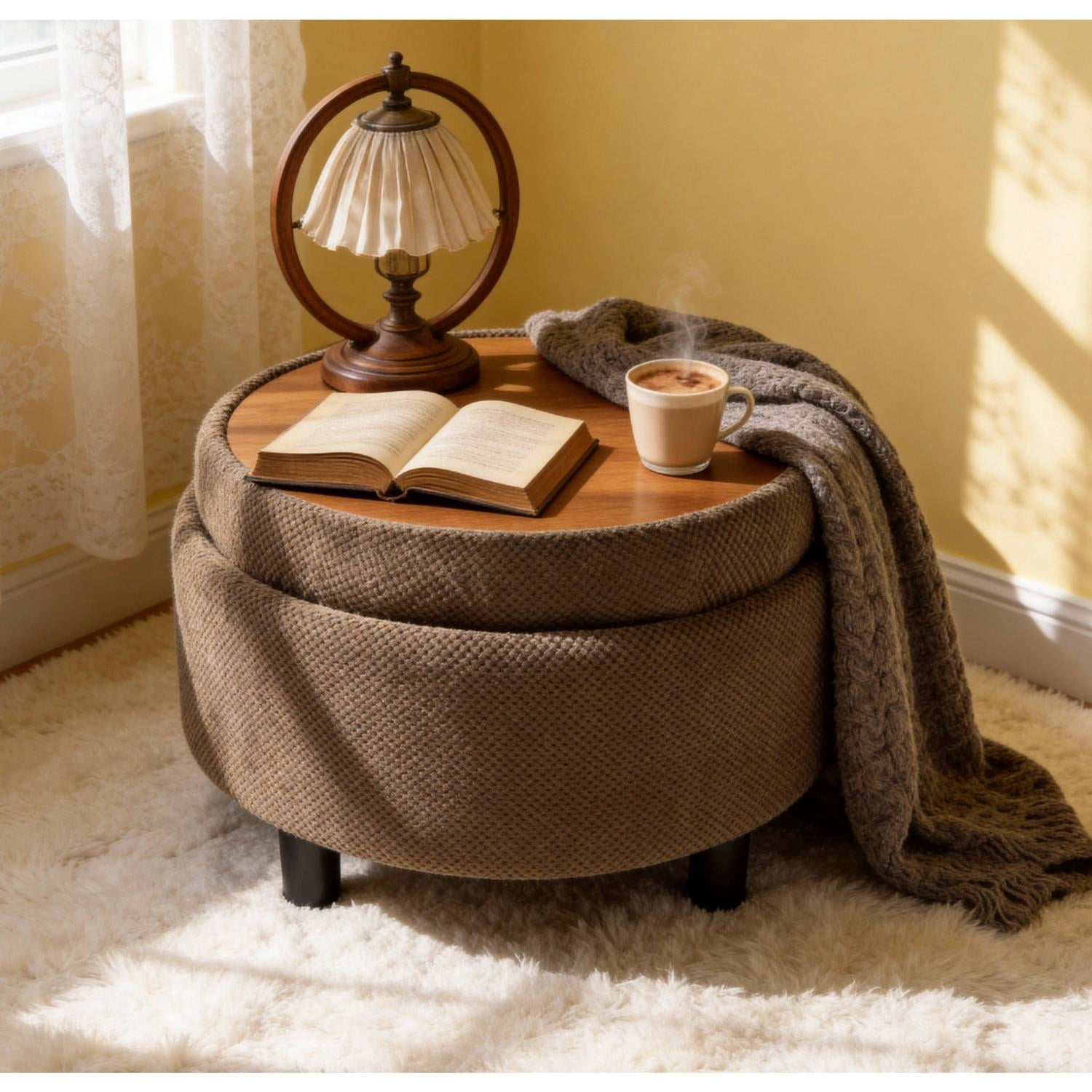 25 Inch Round Storage Ottoman with Removable Wooden Tray, Tufted Fabric Coffee Table with Hidden Storage, Upholstered Footstool for Living Room, Bedroom, Coffee