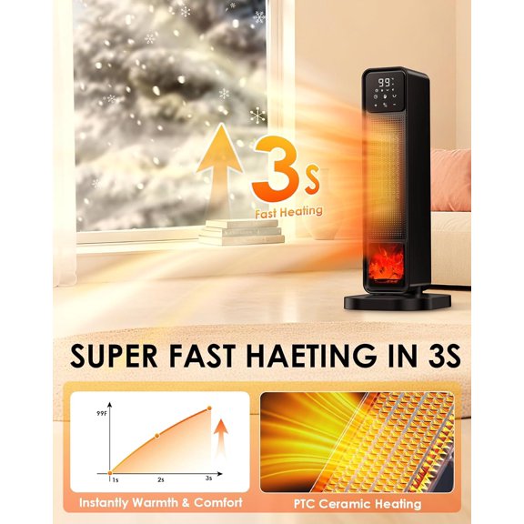 25 Inch Space for Indoor Use, 1500W Electric Tower with Remote Control, Overheat & Tip-Over , Quiet Fast Heating for Bedroom Office Home