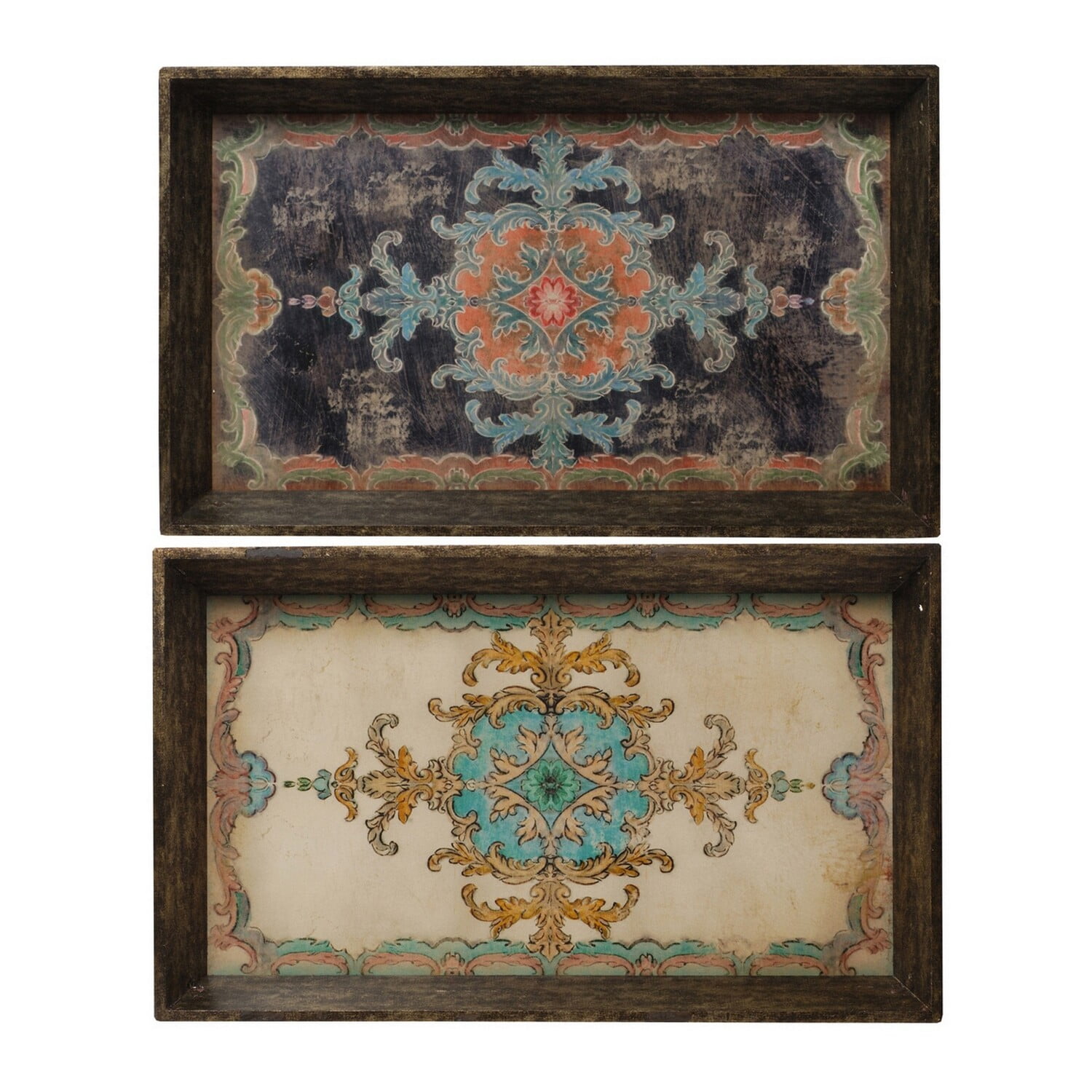 25 Inch Distressed Brown Wood Trays with Damask Pattern, Set of 2