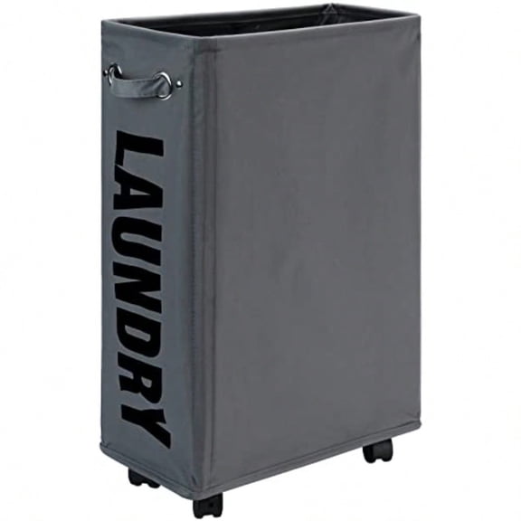 25-Inches Slim Laundry Basket on Wheels Collapsible Rolling Laundry Hamper Foldable Narrow Corner Clothes Storage Bins Dark Grey