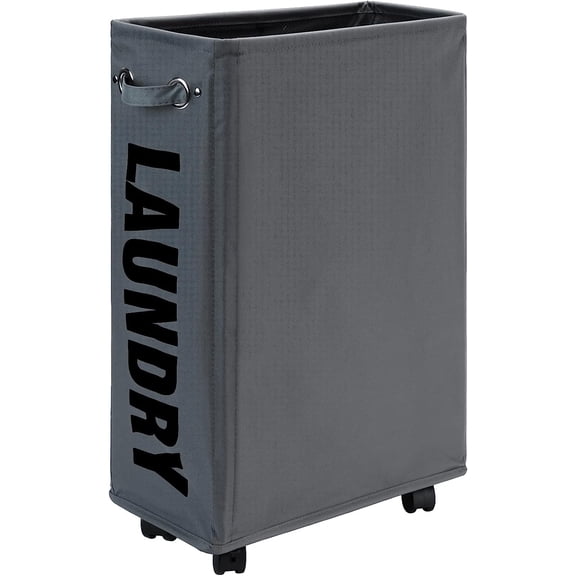 25-Inches Slim Laundry Basket on Wheels, Collapsible Rolling Laundry Hamper, Foldable Narrow Corner Clothes Storage Bins (Dark Grey)