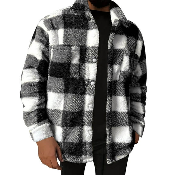 qolati Men's Plaid Shirts Jacket Casual Long Sleeve Lightweight Fuzzy Sherpa Cardigan Button Down Open Front Coat Fall Winter Outwear with Pocket