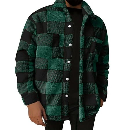 qolati Men's Plaid Shirts Jacket Casual Long Sleeve Lightweight Fuzzy Sherpa Cardigan Button Down Open Front Coat Fall Winter Outwear with Pocket