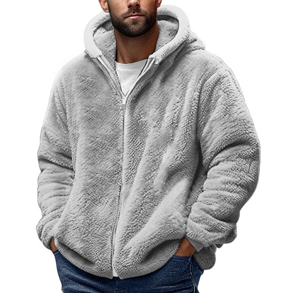 qolati Mens Fuzzy Sherpa Jacket Fleece Long Sleeve Full-Zip Hooded Shirt Casual Warm Winter Jacket Coats Outdoor Fashion Clothes