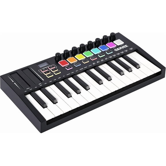 25 Key Bluetooth MIDI Keyboard Controller with 8 Backlit Drum Pads, 8 Knobs, Half Weighted Keys, USB MIDI Controller for Music Production, Beat Making and Recording