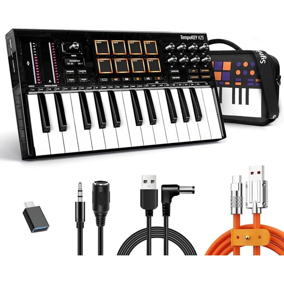 25 Key USB MIDI Keyboard Controller with 8 Drum Pads, Professional Mini Midi Keyboard with OLED Screen, Beat Maker Machine for Music Production, Black, TempoKey K25