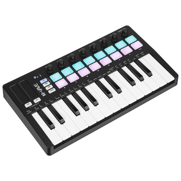 25 Key USB MIDI Keyboard Controller With 16 Backlit Drum Pads, Professional Dynamic Keybed 8 Knobs and Music Production