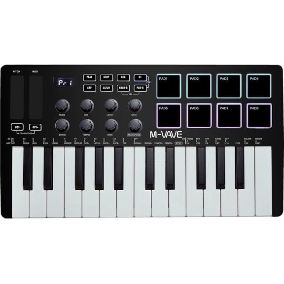 25 Keys 8 Backlit Drum Pads MIDI Keyboard Professional Beat Maker and Keytar for Keyboard Music Production Builtin Battery Wireless Connect Black