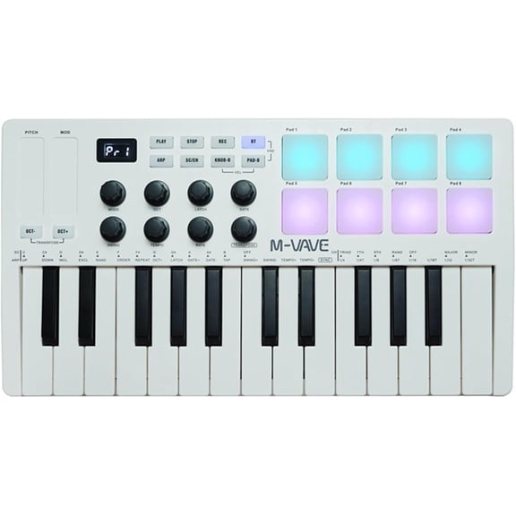 25 Keys 8 Backlit Drum Pads MIDI Keyboard Professional Beat Maker and Keytar for Keyboard Music Production Builtin Battery Wireless Connect White