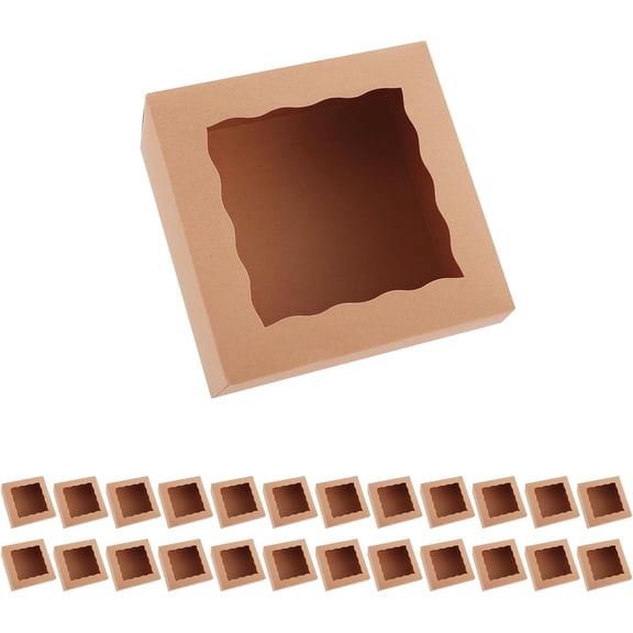 25 Kraft Bakery Boxes with Window, 8x8x4 Inches Cake Treat for Pastry, Cupcake, Cookies, Muffins, Pie