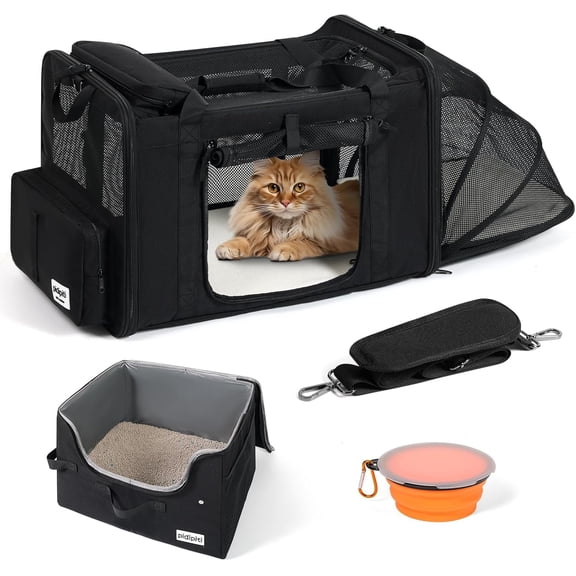 25''(L) x 17''(W) 17''(H) Extra Large Expandable cat Carrier for car Travel,Soft Crate 1 / 2 Medium Cats up to 35 lbs,Long Road Trip cage with a Leakproof Portable Litter Box