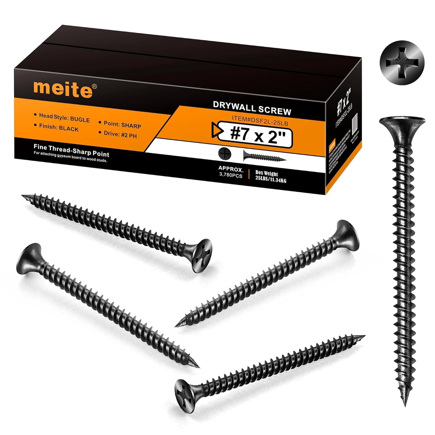 MEITE Drywall Screws, #7 x 2 Fine Thread Black Phosphate Finish Phillips Drive Screws for Drywall, Wood and Furniture (25 LBS)
