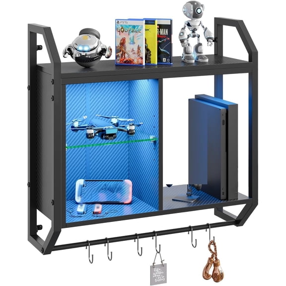 25" LED Gaming Floating Shelves for Wall, Wall Mounted Shelf Pipe Adjustable Glass Shelves, Hanging Display Rack with 6 S-Hooks Towel Bar, Gaming Room Decor Shelf, Carbon Fiber Black