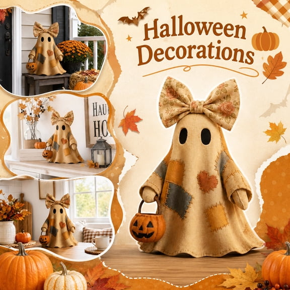 25" Large Handmade Patchwork Ghost Halloween Decoration, Light Up Hanging Fabric Ghost Prop for Porch Window Living Room Holiday Accent Decor