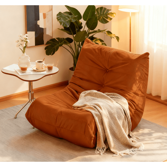 25" Lazy Floor Sofa with Button-Tufted Detail, Caterpillar-like Couch with Comfy Seat, Luxury Accent Chair, Beanbag Sofa for Living Room Apartment Office, Orange