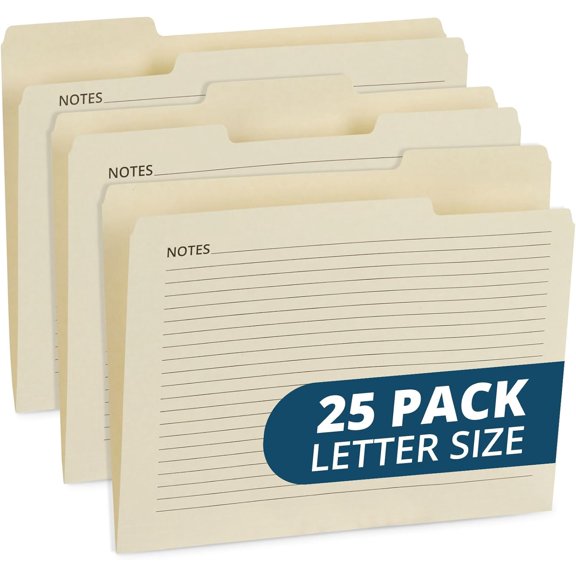 25 Lined Manila File Folders, Letter Size, with Notes | Durable 11pt Manila Paper, Lines for Notes on Front, 1/3 Cut Tabs, Home and Office Document Filing
