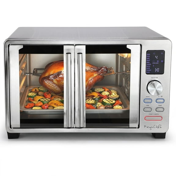 25 Liter Digital Electric French Door Multi-Function Counter Top Oven with Rotisserie Set & Toast, Bagel, Pizza, Bake, Roast, Broil, Cookies, Rotisserie, Dehydrate, Ferment, Warm Functions