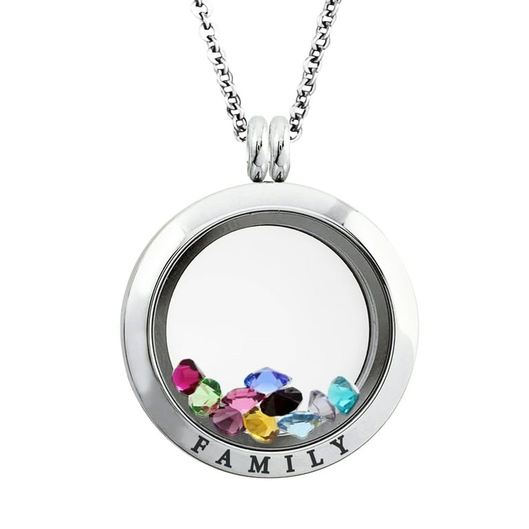 25 MM Stainless Steel Family Engraved Floating Glass Charm Locket Pendant Necklace