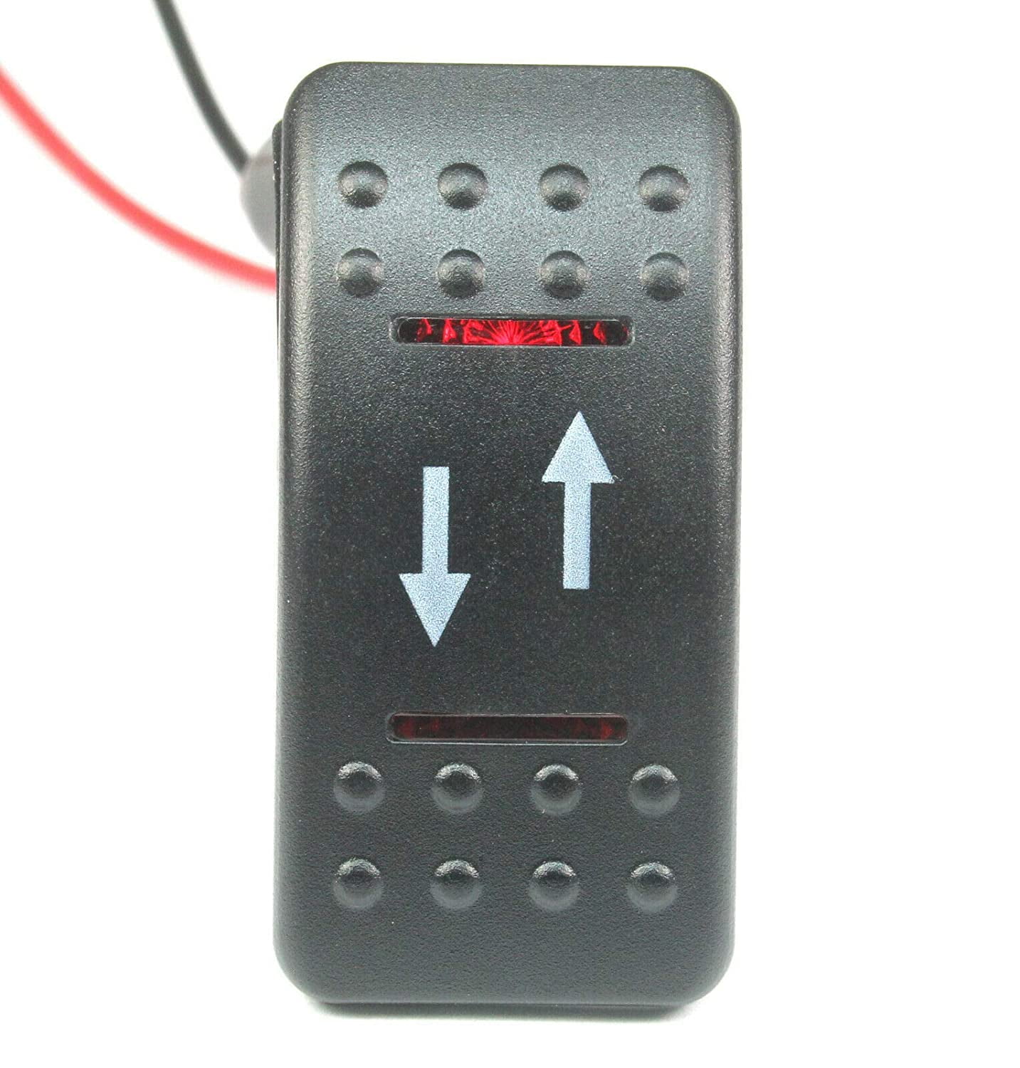 #25) MOMENTARY Rocker Switch DPDT 20A 12vdc Lighted RED Lens Up/Down 7 Pins